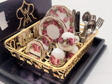 Load image into Gallery viewer, Dollhouse Miniature ~ 1:12 Scale, Floral, Gold-Trimmed Dishware and Silverware in Golden Drying Rack, by Reutter Porcelain
