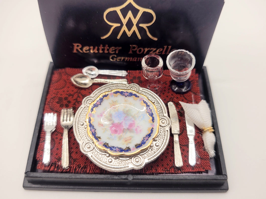 Dollhouse Miniature ~ 1:12 Scale, Royal Blue Dinner Place Setting by Reutter Porcelain