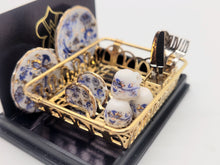 Load image into Gallery viewer, Dollhouse Miniature ~ 1:12 Scale, Golden Dish-Drying Rack with Blue Onion Dishware, by Reutter Porcelain
