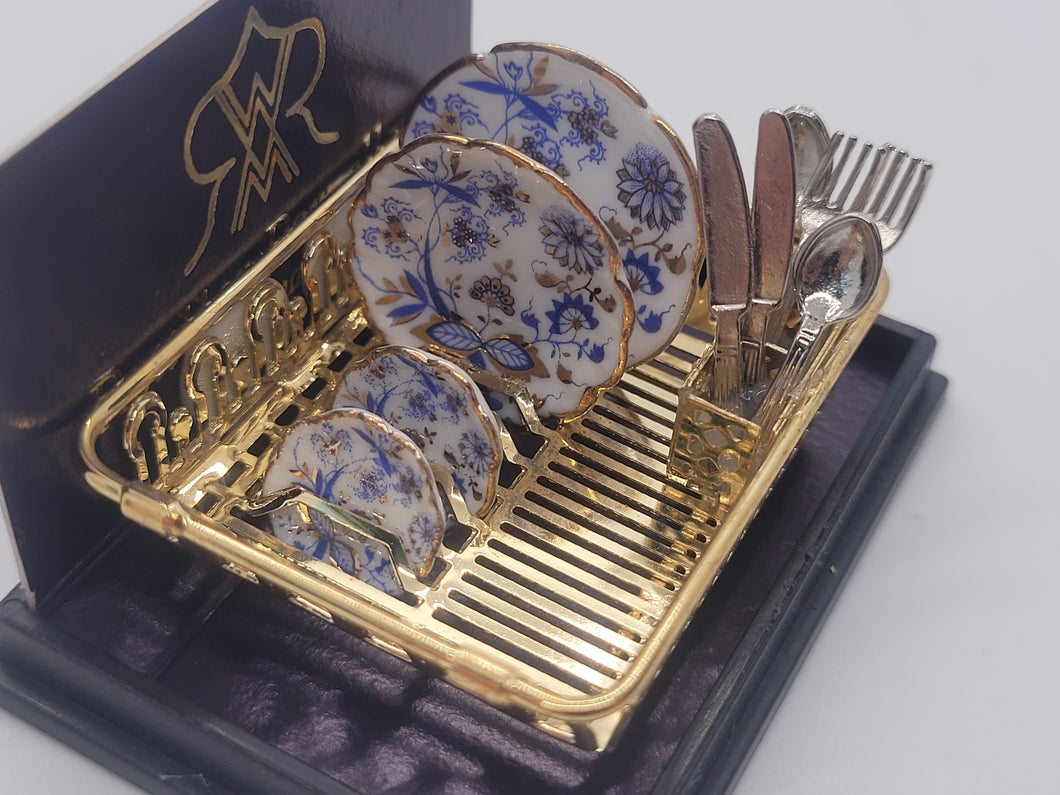 Dollhouse Miniature ~ 1:12 Scale, Blue Floral China Plate in Golden Drying Rack with Silverware