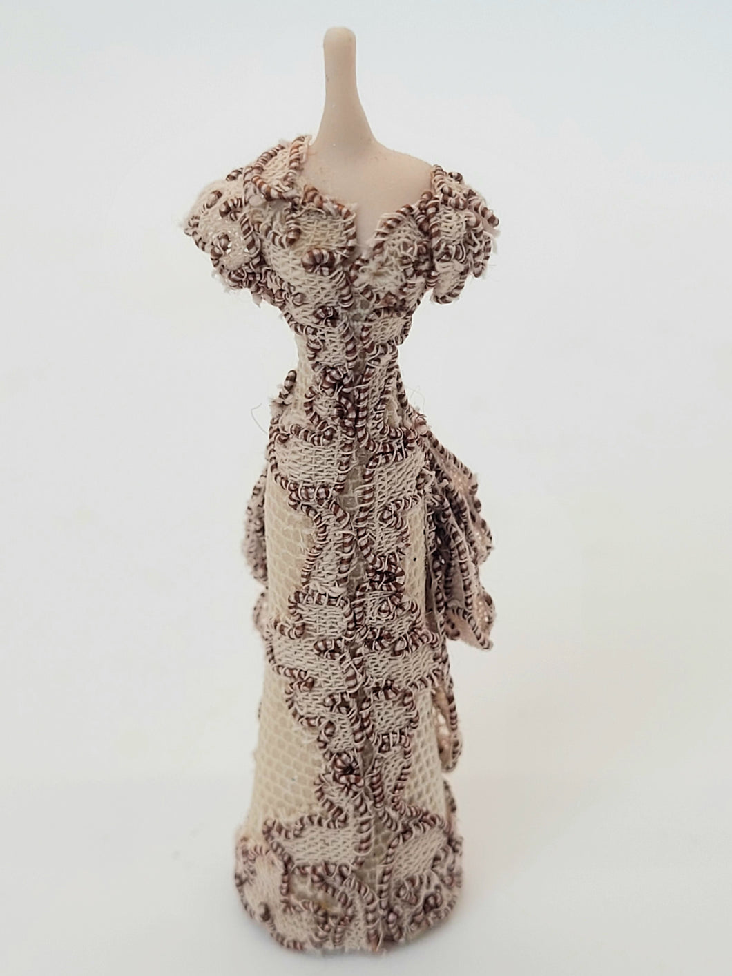 Handmade Lace Brown and Nude Dress on Porcelain Mannequin