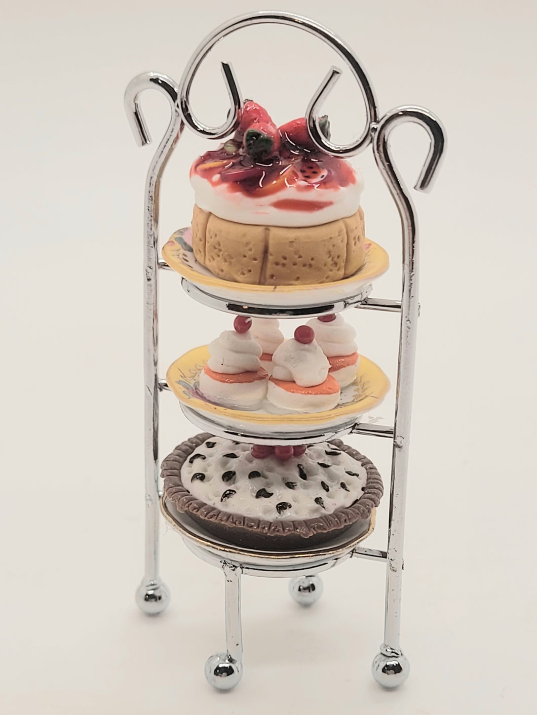 Dollhouse Miniature ~ 1:12 Scale, 3-Tier Dessert Rack with Pie, Cupcakes, and Cake