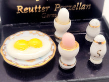 Load image into Gallery viewer, Dollhouse Miniature ~ 1:12 Scale, Fried Eggs, 2 Eggs in Egg Dish, and Salt &amp; Pepper by Reutter Porcelain

