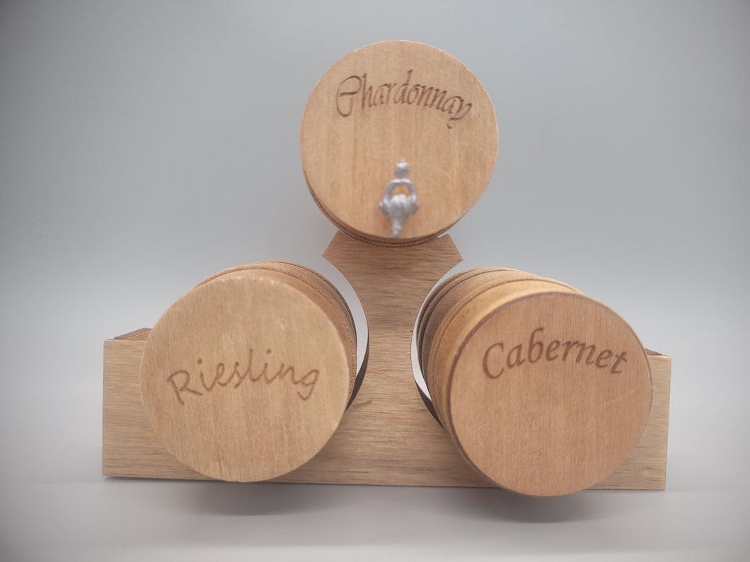Large Triple Wooden Barrel Display Set with Wooden Stand  - Chardonnay, Riesling, and Cabernet