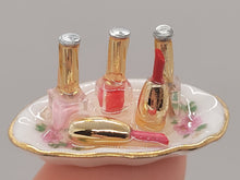 Load image into Gallery viewer, Dollhouse Miniature ~ 1:12 Scale, Lipstick and Nail Polish on Floral Tray by Reutter Porcelain

