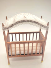 Load image into Gallery viewer, Dollhouse Miniature ~ 1:24 Scale, Crib on Wheels with Lace Canopy - Signed &#39;Godfrey&#39;
