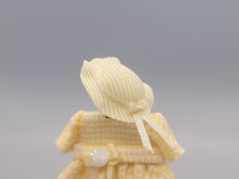 Load image into Gallery viewer, Yellow &amp; White Dress with Matching Hat on Wood Stand - by Cheryl Warder
