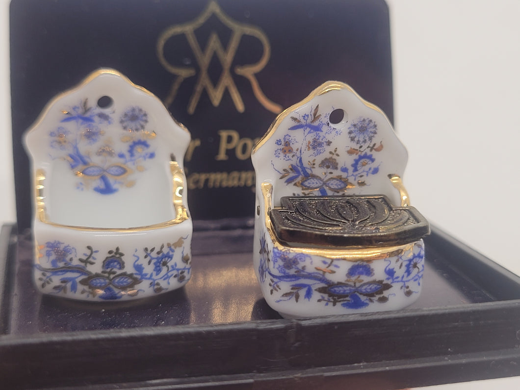 Dollhouse Miniature ~ 1:12 Scale, Salt Cellars with Blue White and Gold