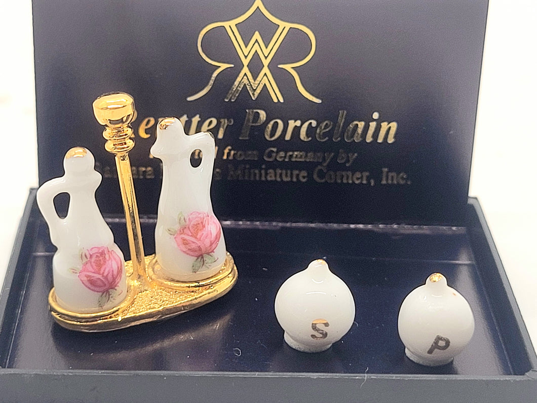 Dollhouse Miniature ~ Reutter Porcelain - 3pc Set Oil & Vinegar Pitchers with Salt & Pepper Shakers