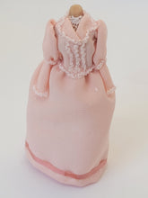 Load image into Gallery viewer, Handmade Baby Pink Dress &amp; Matching Hat on Wooden Stand
