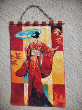 Load image into Gallery viewer, Dollhouse Miniature ~ Petit Point Geisha with Blue Parasol Hanging Tapestry - Ursula Sauerberg
