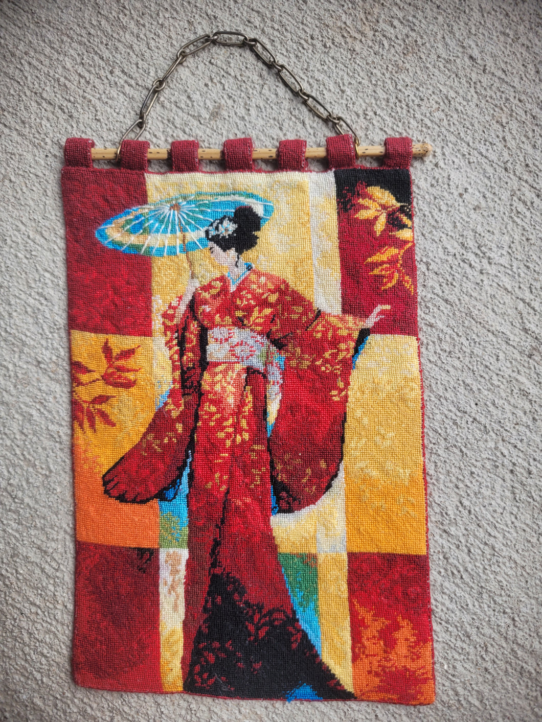 Dollhouse Miniature ~ Petit Point Geisha with Blue Parasol Hanging Tapestry - Ursula Sauerberg