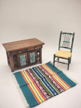Load image into Gallery viewer, Dollhouse Miniature ~ 1:12 Scale, 3pc Living Room Set with Turquoise Decorated Credenza, Chair, and Baja-Style Rug
