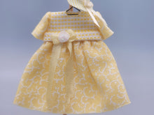 Load image into Gallery viewer, Yellow &amp; White Dress with Matching Hat on Wood Stand - by Cheryl Warder
