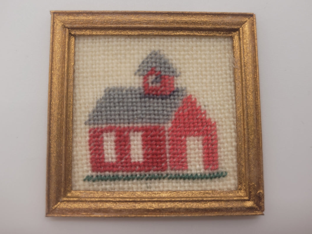 Needlepoint House in Gold Frame