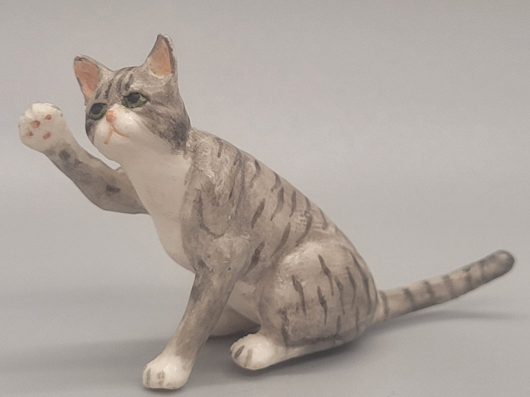 Resin Grey Tabby Cat Pawing
