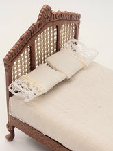 Load image into Gallery viewer, Dollhouse Miniature ~ 1:24 Scale, Bespaq Brown and White Lattice Bed with 2 Pillows
