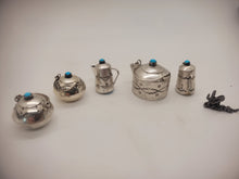 Load image into Gallery viewer, Dollhouse Miniature ~ 1:12 Scale, 6pc Sterling Silver w/ Mexican Turquoise Detailing Set + Silver Cowboy Statue
