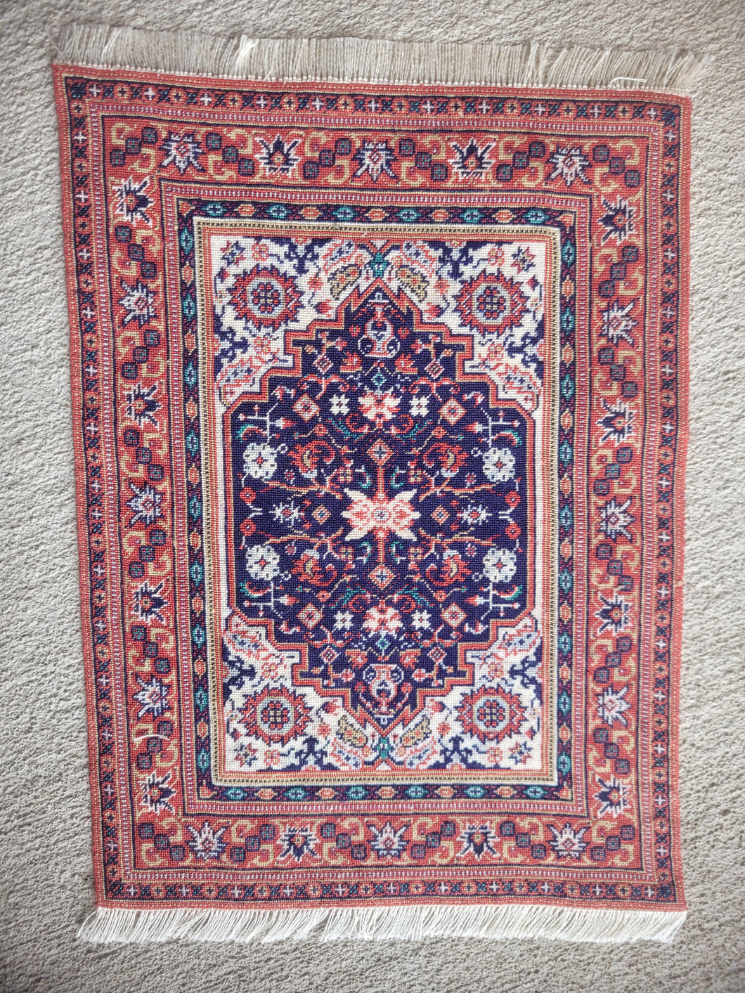 Dollhouse Miniature ~ Petit Point Persian-Style Rug with Navy & Red Accents and Layering Borders - Ursula Sauerberg
