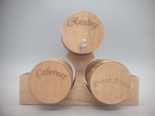 Load image into Gallery viewer, Large Triple Barrel Wooden Display Set of Riesling, Cabernet, and Pinot Noir
