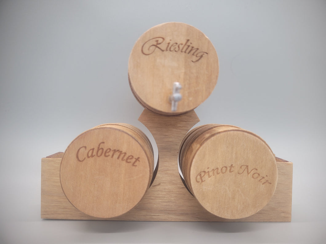 Large Triple Barrel Wooden Display Set of Riesling, Cabernet, and Pinot Noir