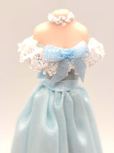 Load image into Gallery viewer, Blue Off-Shoulder Dress with Lace, Bow, and Necklace on Mannequin
