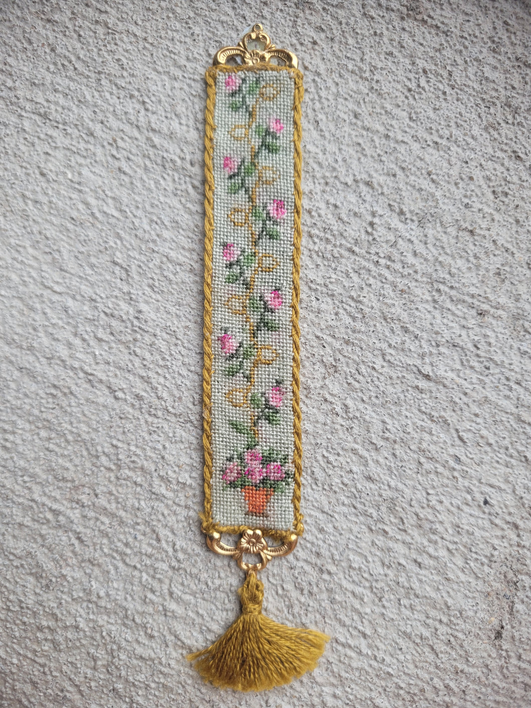 Dollhouse Miniature ~ Petit Point Hanging Rectangular Rose Tapestry with Tassel - Ursula Sauerberg