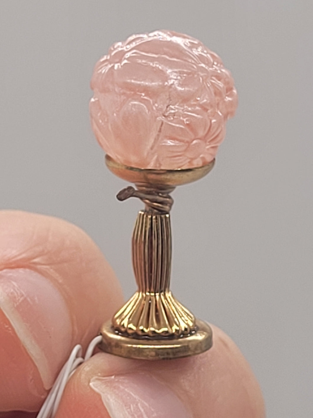 Dollhouse Miniature ~ Lighting Bug Brand, Pink Engraved Floral Spherical Lamp with Gold Base