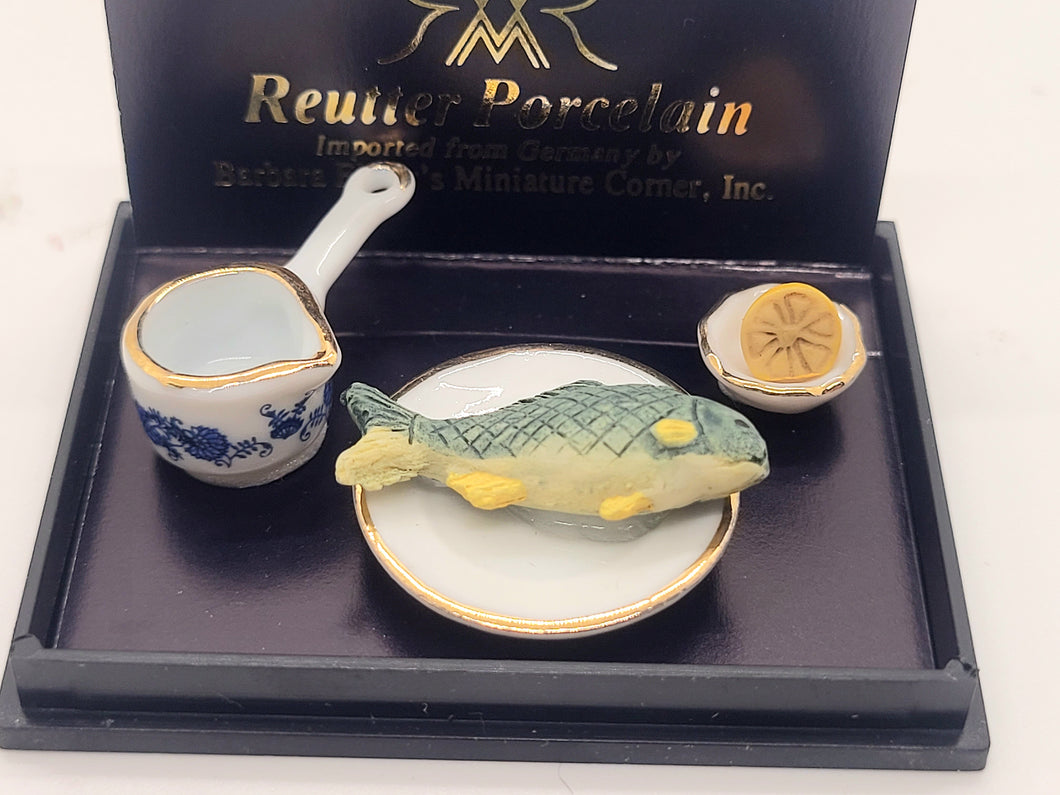 Dollhouse Miniature ~ 3pc Fish and Lemon Set by Reutter Porcelain