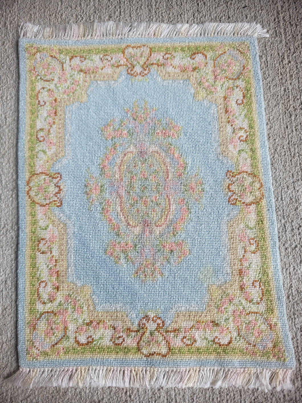 Dollhouse Miniature ~ Petit Point Pastel Blue Rug with Regal Baroque Border - Ursula Sauerberg