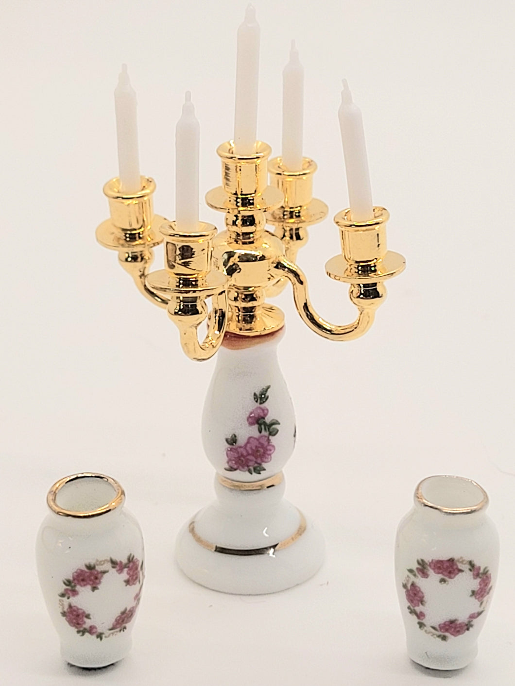 Dollhouse Miniature ~ Reutter Porcelain Candle Holder with 2 Vases Set