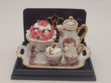 Load image into Gallery viewer, Dollhouse Miniature ~ 1:12 Scale, Rose Cake with Rose-Themed Tea Set, Gold Trim by Reutter Porcelain
