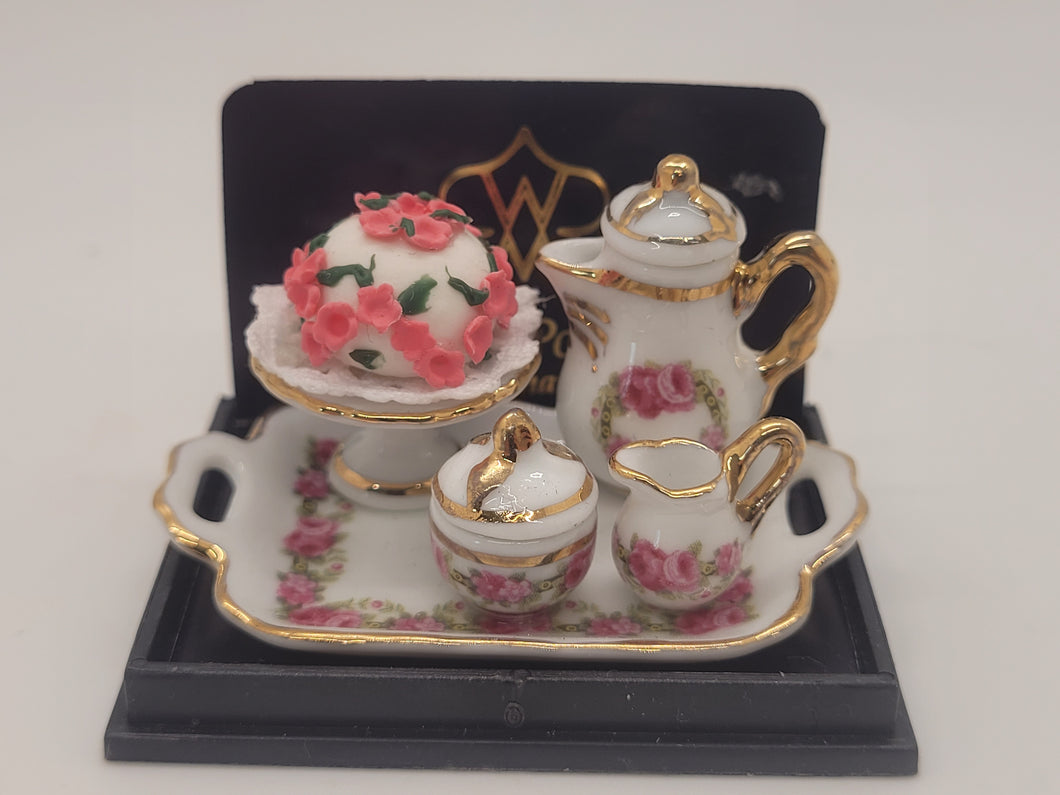 Dollhouse Miniature ~ 1:12 Scale, Rose Cake with Rose-Themed Tea Set, Gold Trim by Reutter Porcelain