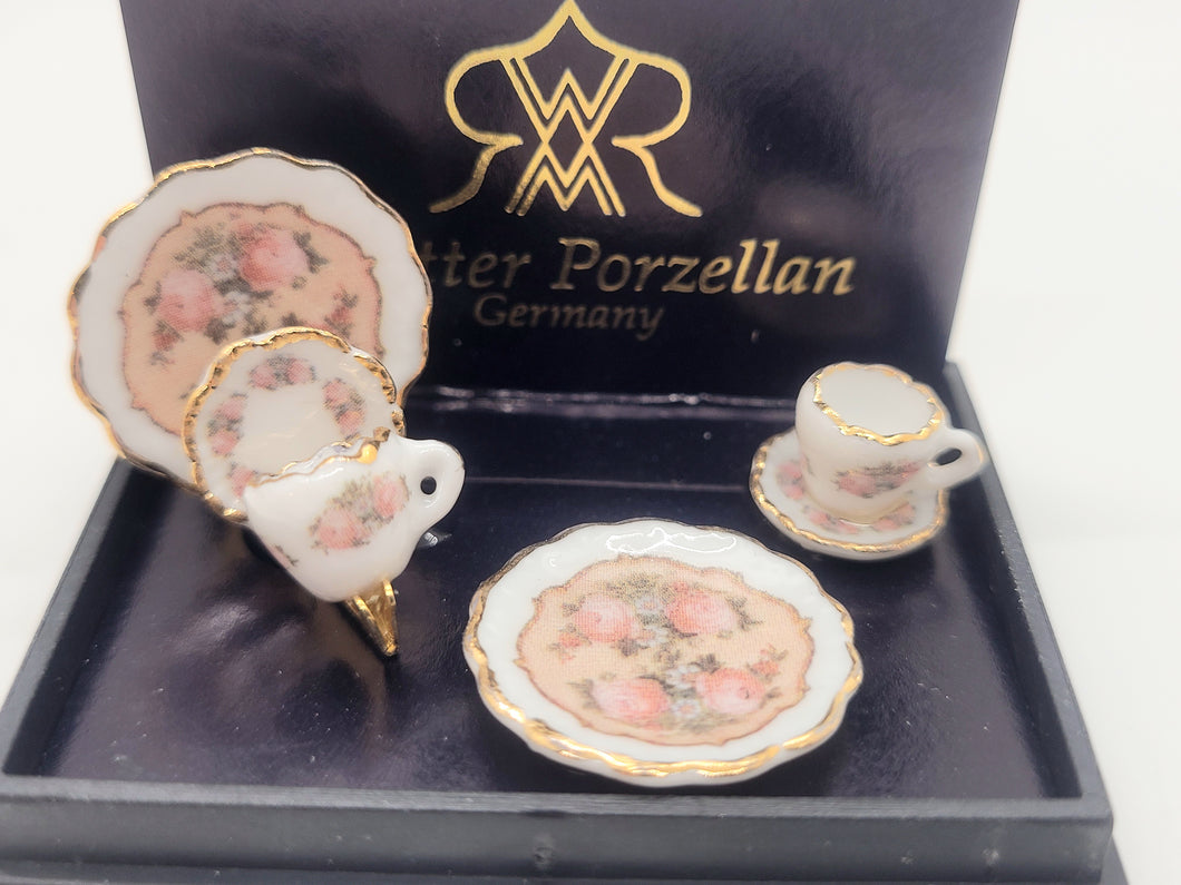 Dollhouse Miniature ~ 1:12 Scale, 5pc Tea Set w/ Pink Rose and Gold-Trimmed Plates - by Reutter Porcelain