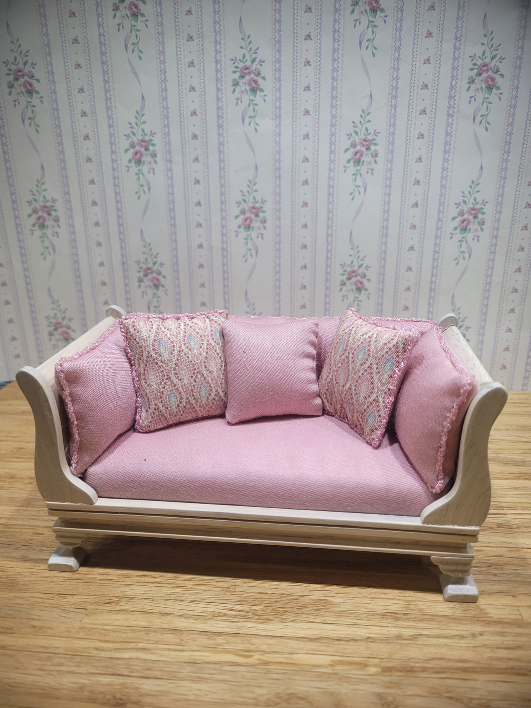 Pink Couch with White Wood Frame