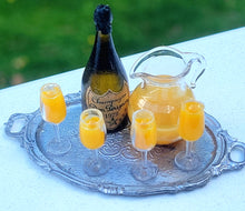 Load image into Gallery viewer, Mimosas with Champagne, Glass Pitcher, and Glass Flutes on Metal Platter
