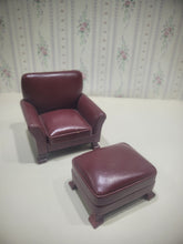 Load image into Gallery viewer, 2pc Burgundy Leather Arm Chair and Foot Stool Set
