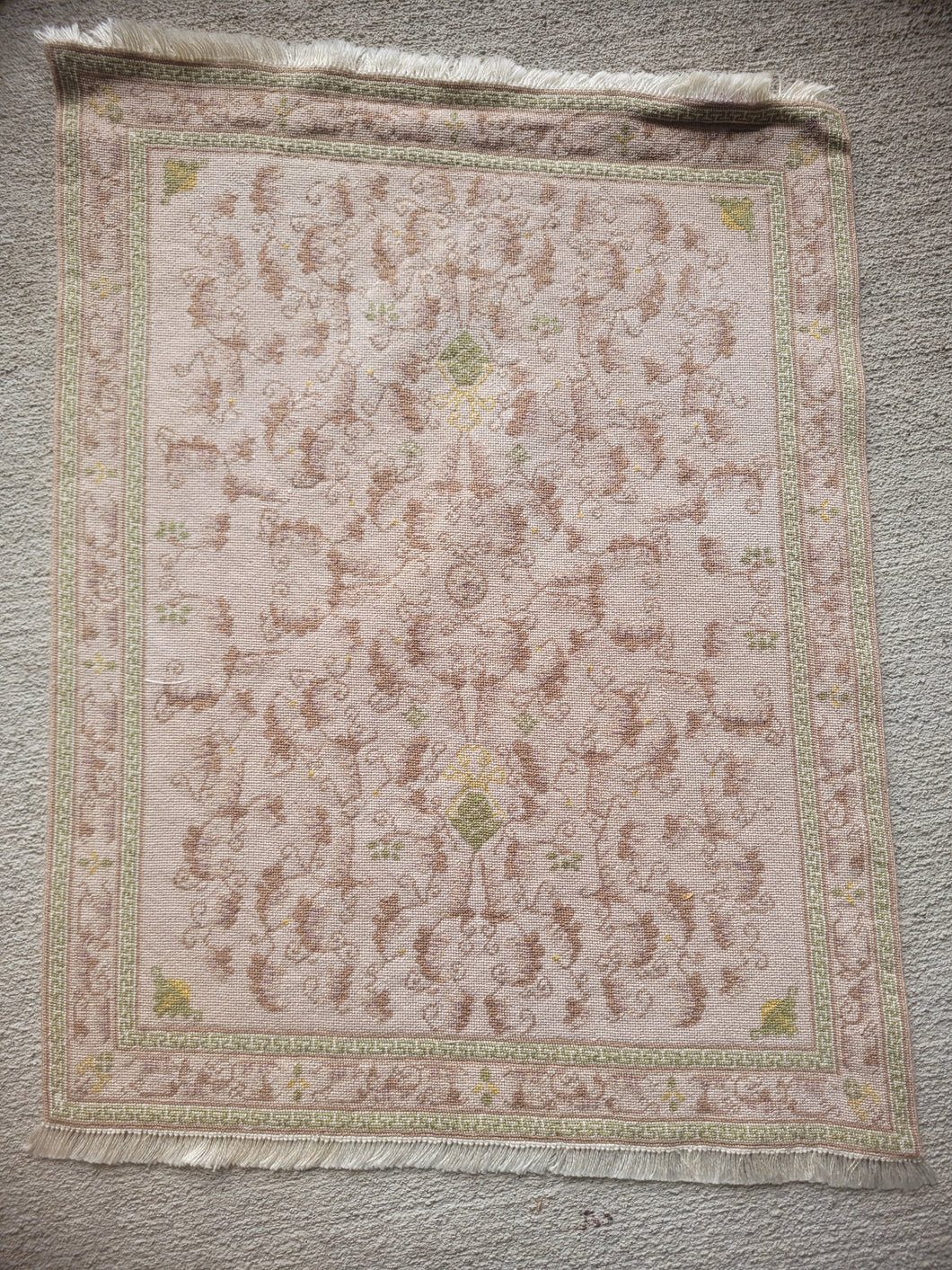 Dollhouse Miniature ~ Petit Point Faded Gold and Beige Rococo Design with Elegant Trim Rug - Ursula Sauerberg