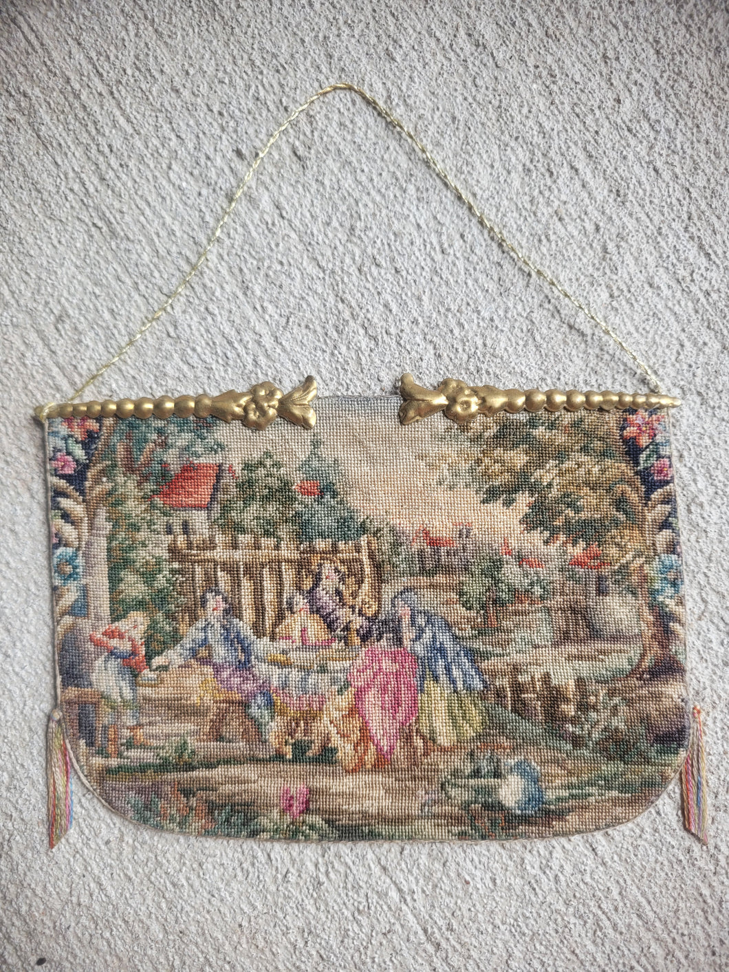 Dollhouse Miniature ~ Petit Point Hanging Tapestry Medieval Village Scene - Ursula Sauerberg