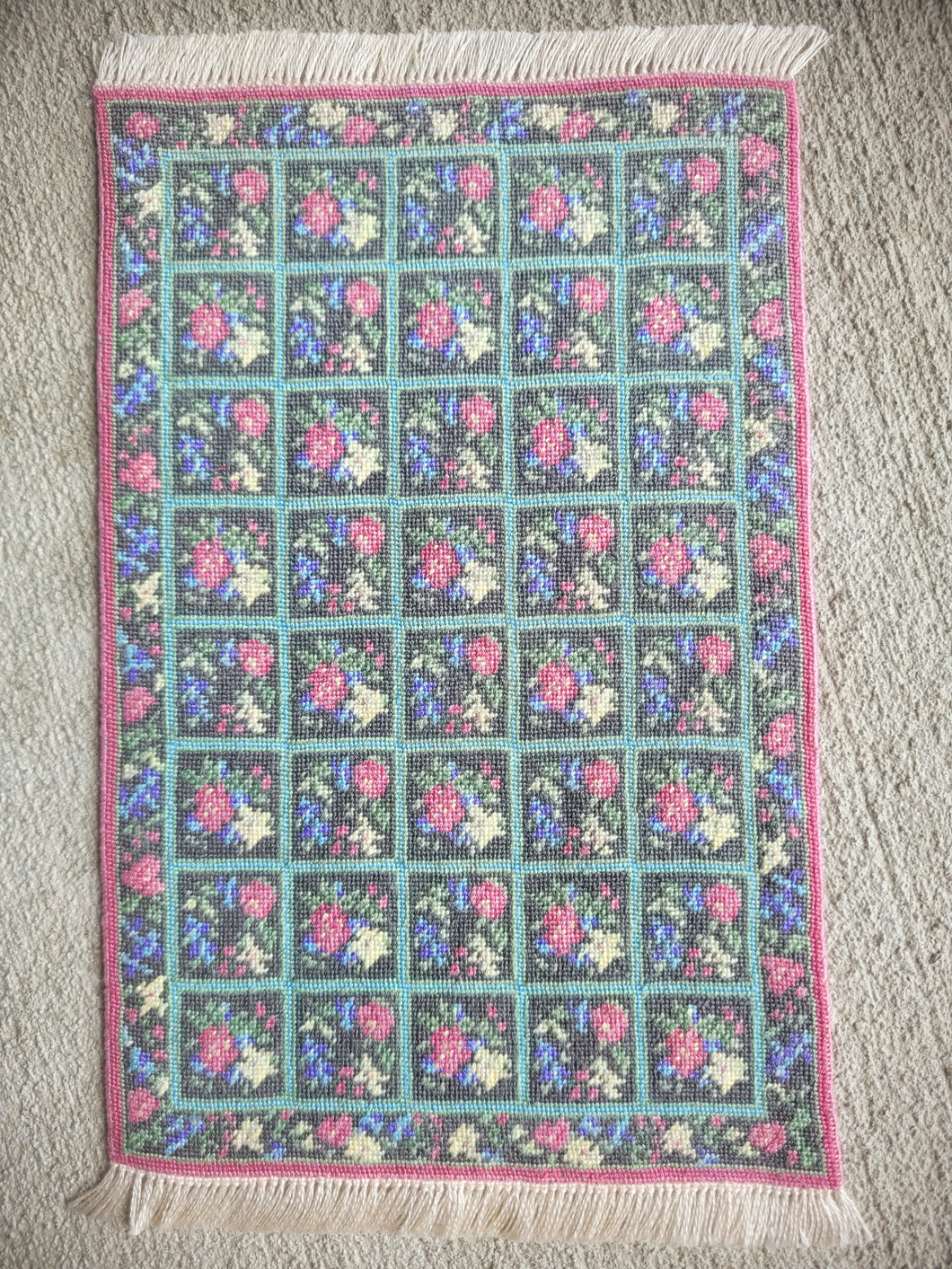 Dollhouse Miniature ~ Petit Point Florals in Squares with Floral Border Rug  - Ursula Sauerberg
