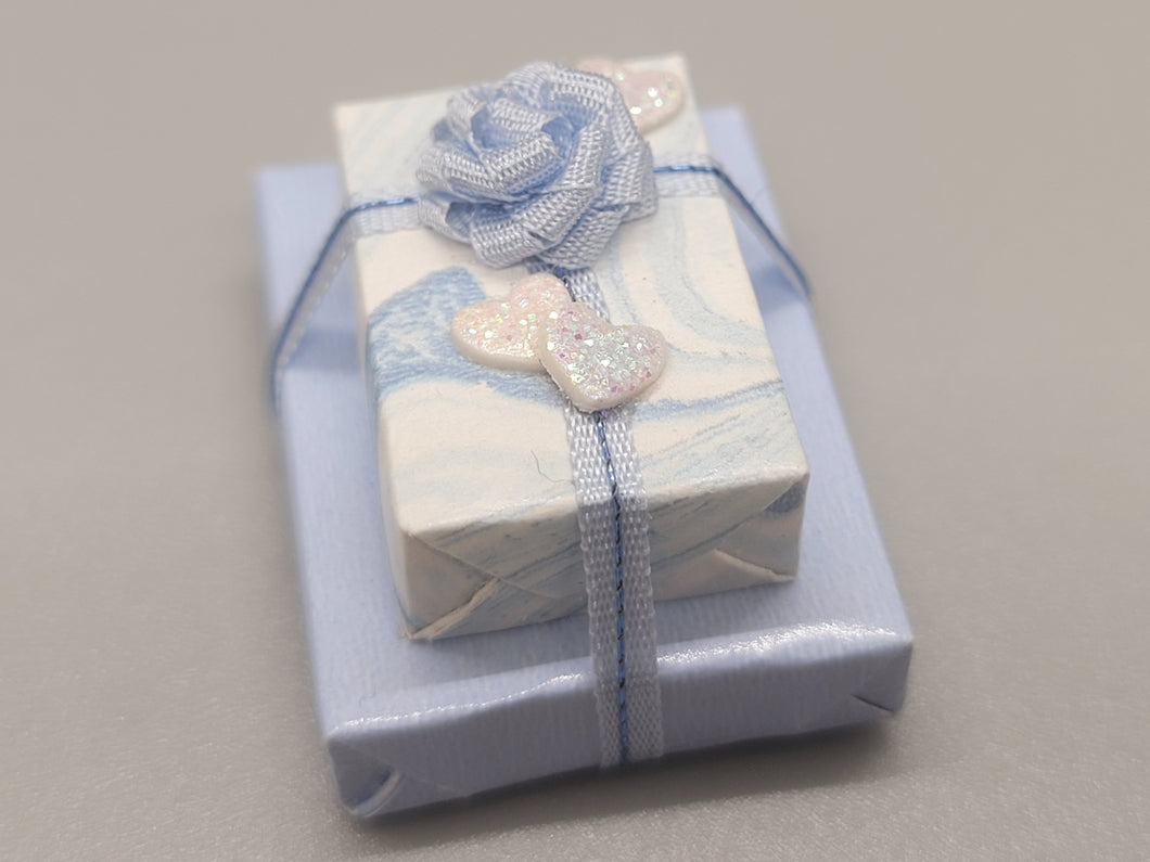 3 Tier Blue and White Wrapped Present with Hearts and Bow - by Cheryl Warder