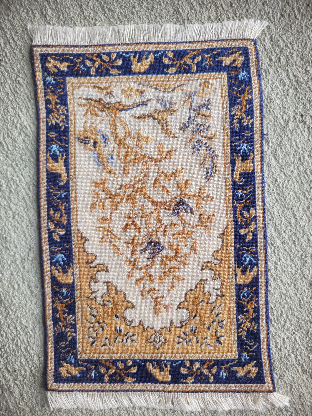 Dollhouse Miniature ~ Petit Point Navy and Gold Forest Creatures Rug - Ursula Sauerberg