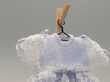 Load image into Gallery viewer, Blue Dress with White Lace Detailing on Wooden Stand - by Cheryl Warder
