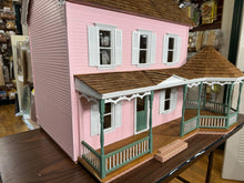 Load image into Gallery viewer, Dollhouse Miniature -  Vintage Handmade Pink Simplicity House With Wrap Around Porch Outside Finished Inside Wired 1:12 Scale Dollhouse
