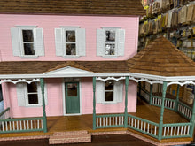 Load image into Gallery viewer, Dollhouse Miniature -  Vintage Handmade Pink Simplicity House With Wrap Around Porch Outside Finished Inside Wired 1:12 Scale Dollhouse
