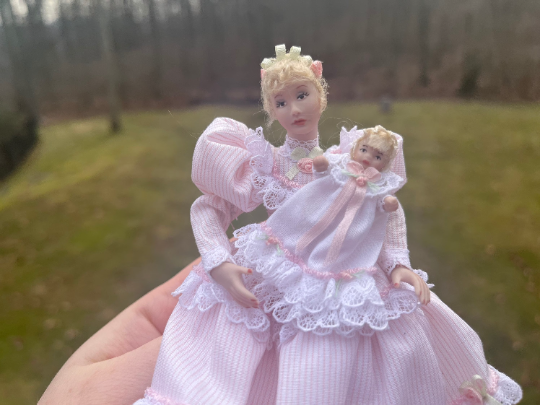 Victorian Blonde Mother & Baby Dolls Pink and White Dress
