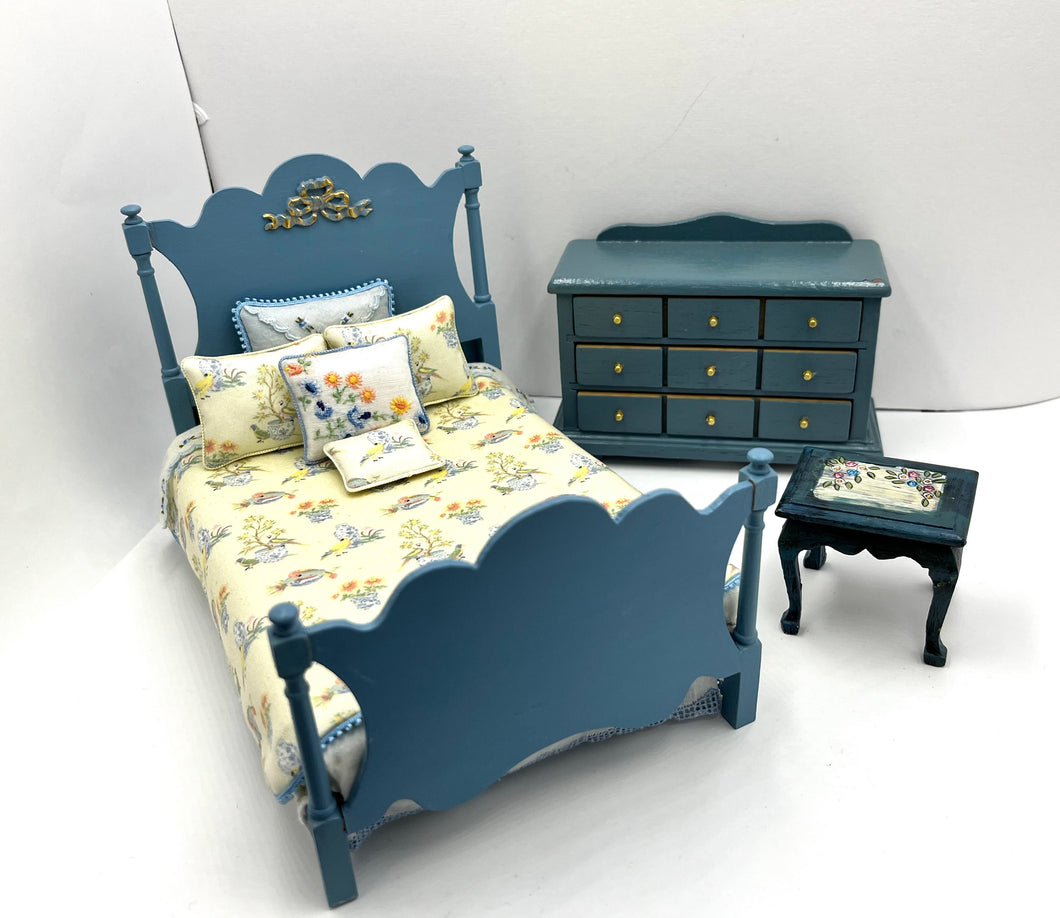 Blue Decorated Bed with Dresser & Nightstand